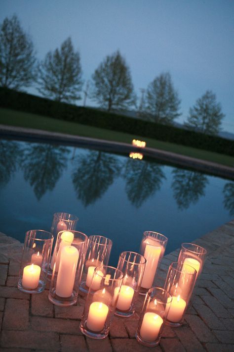 Backyard Wedding Pool, Pool Candles, Proposal Candles, Tuscan Inspired Wedding, Cool Pool Floats, Backyard Trees, Pool Wedding, Backyard Fireplace, Fantasy Land