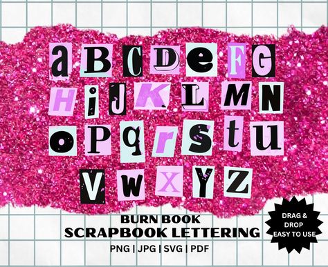 Burn Book Letters Alphabet, Mean Girls Letters Alphabet, Pink Magazine Letters, Pink Letters Alphabet, Burn Book Letters, Burn Book Font, Graffiti Room, Scrapbook Alphabet, Book Svg