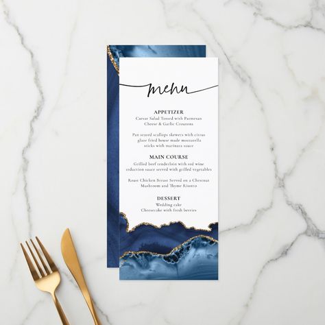 Elegant Navy Blue and Gold Agate Wedding Menu Blue Dinner Party, Star Wars Wedding Cake, Cheesecake Wedding Cake, Red Wine Reduction, Navy Blue And Gold Wedding, Blue Menu, Menu Card Design, Wedding Dinner Menu, Agate Wedding