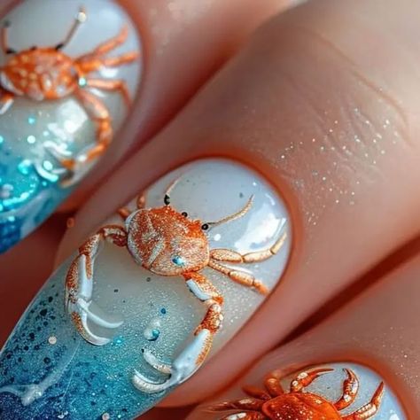 Shrimp Nail Art, Crab Nails Designs, Crab Nails, Coral Nail Art, Beach Wedding Nails, Fish Nails, 2024 Nails, Fingernail Designs, Coral Nails