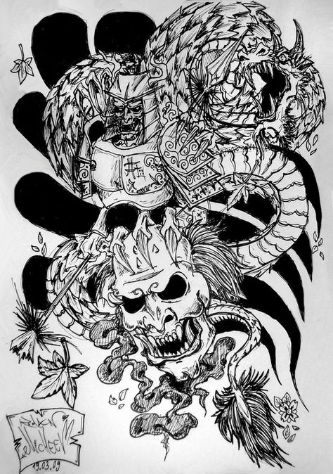 New Tattoo Design by xxHardware91xx Samurai Demon Mask, Evil Samurai, Hannya Maske, Japanese Demon Tattoo, Japanese Oni Mask, Japanese Tattoo Artist, Oni Mask Tattoo, Japanese Snake Tattoo, Japanese Tiger Tattoo