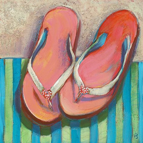 Flip flops Flip Flop Painting, Watercolor Rocks, Lily Decor, Flip Flop Art, Wine And Paint Night, Beach Paintings, Beach Themed Bedroom, Art Shoes, Pink Flip Flops