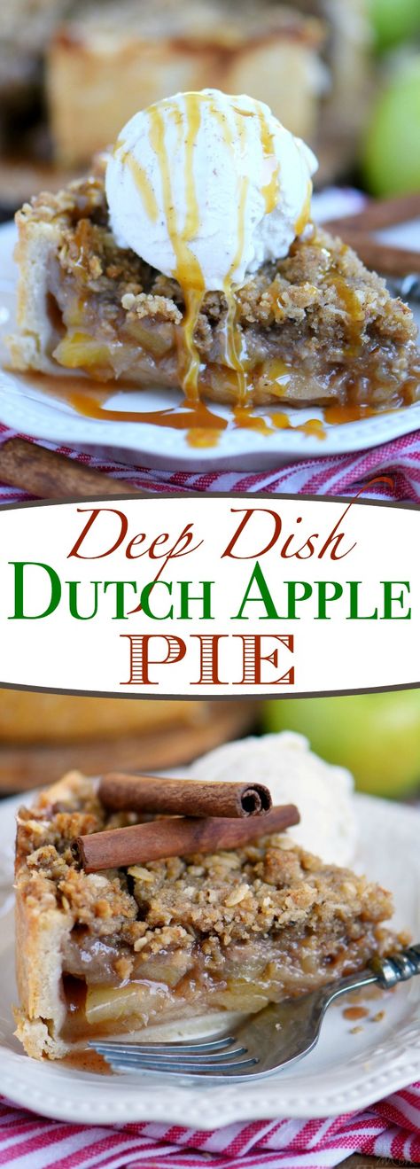 Deep Dish Dutch Apple Pie is loaded with a spiced apple filling and topped with a crunchy, sweet, pecan streusel topping. Best served with a big scoop of vanilla ice cream and caramel sauce. This is THE dessert for the fall season! | Mom On Timeout Pecan Streusel Topping, Deep Dish Apple Pie, Dutch Apple Pie Recipe, Homemade Apple Pie Filling, Mom On Timeout, Dutch Apple Pie, Dutch Apple, Homemade Apple Pies, Apple Filling