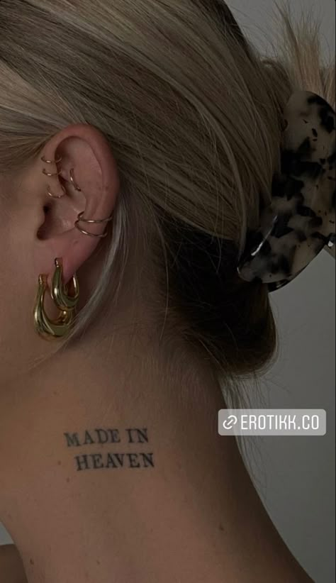 Made In Heaven Neck Tattoo, Angel Wings Behind Ear Tattoo, Neck Angel Tattoo, Angel Behind Ear Tattoo, Made In Heaven Tattoo, Wing Neck Tattoo, Punk Tattoos, Behind The Ear Tattoo Ideas, Heaven Tattoos