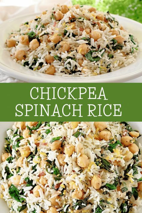 Chickpea Spinach Rice ~ Simple and flavorful rice dish featuring chickpeas, fresh spinach, zesty lemon, and aromatic dill. Spinach With Chickpeas, Spinach Chickpea Recipes, Greek Spinach Rice Recipe, Simple Rice Dish, Rice Spinach Recipe, Chick Peas And Rice Recipes, Rice And Chickpea Recipes, Rice And Spinach Recipes, Cold Rice Recipes