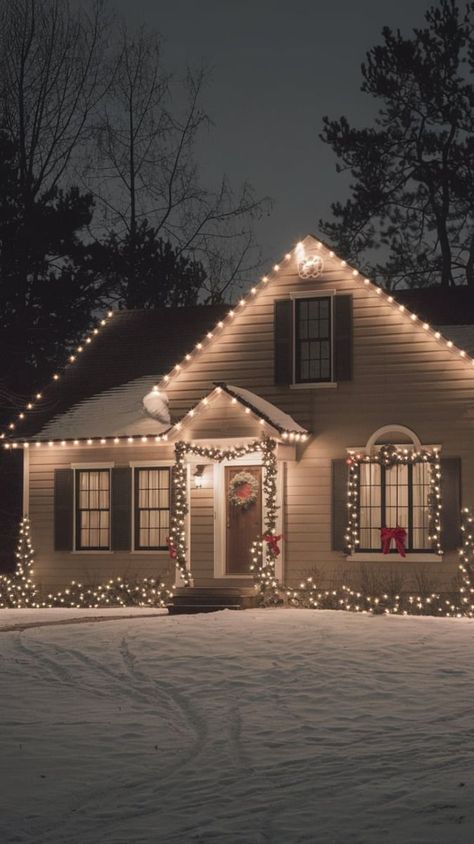 Outdoor Christmas Lights One Story House, Christmas Spotlights On House, Christmas Lights Home Exterior, Outdoor Holiday Lights House, Christmas House Decor Exterior, Christmas Lights Colonial House Exterior, Modern Christmas House Exterior, Simple House Christmas Lights, Traditional Christmas Lights Outdoor