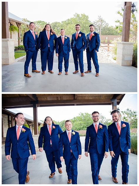 Awesome groomsmen party in navy blue and coral. Such fun colors for a fall wedding! Love their full suits, and the tan shoes as well. Taken at THE SPRINGS Event Venue in McKinney, Stone Hall. Book your free tour today! #groomsmen #groomsmeninnavyblue #navybluecoralwedding #fallwedding #fallgroomsmen Coral Navy Blue Wedding, Navy Blue And Coral Wedding Theme, Navy Coral Wedding, Coral And Royal Blue Wedding, Coral Groomsmen Attire, Coral Wedding Party, Coral And Navy Blue Wedding, Wedding Men Outfit, Navy Blue And Coral Wedding