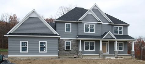 deep granite with a similar door color Gray Vinyl Siding, Grey Siding House, Blue Siding House, Mastic Siding, Grey Vinyl Siding, Gray Siding, Vinyl Siding Colors, Grey Exterior House Colors, Basement Designs