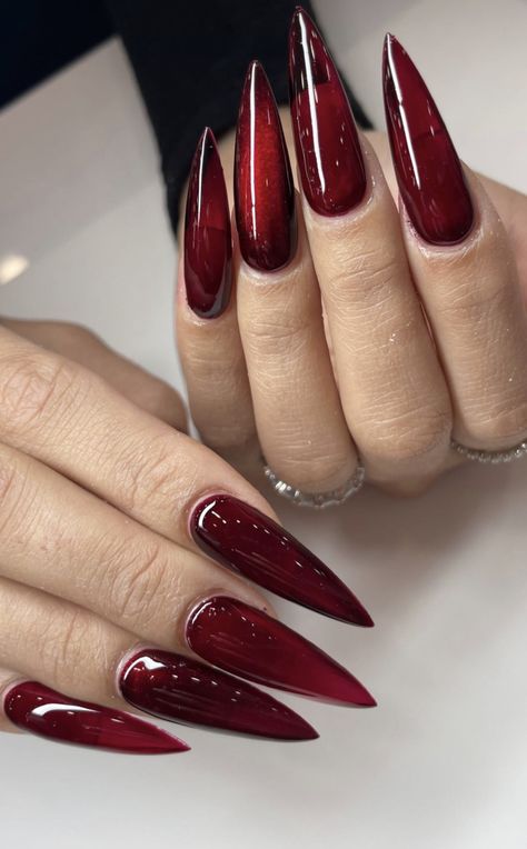 Red Stiletto Nails, Dark Red Nails, Sharp Nails, Red Nail Art, Lady Fingers, Quince Ideas, Casual Nails, Nail Stuff, Jelly Nails