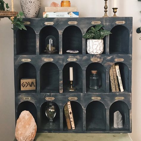 furniture,shelving,witchy,etsy Witchy Eclectic Decor, Apothecary Shelf Diy, Wizard Furniture, Witchy Apothecary Decor, Cottagecore Shelves, Curiosity Shelves, Harry Potter Furniture Ideas, Witchy Furniture, Witchy Shelf