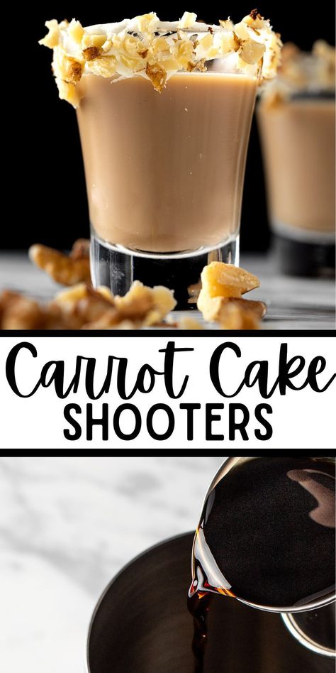 This carrot cake shot is a fun and easy shot recipe made with only 4 ingredients. Make these creamy dessert shots for your next party! Alcohol Shots Party, Carrot Cake Pudding Shots, Pecan Pie Shots, Carrot Cake Shots, Birthday Cake Shot, Easy Alcoholic Shots, Creamy Shots Alcohol, Carrot Cake Cocktail, Charcuterie Shots