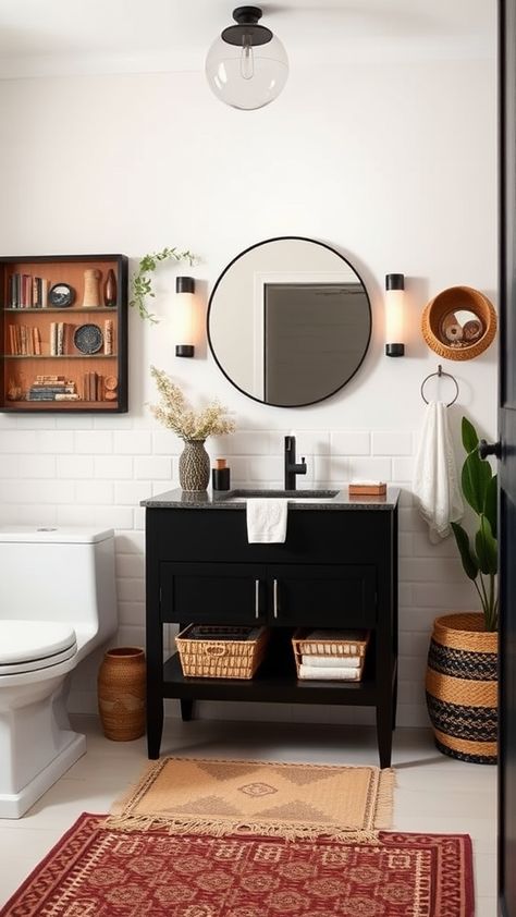 Transform your space into a sleek and modern retreat with our 15+ Black Bathroom Decor Ideas that blend sophistication with timeless elegance. Discover how using black accents and fixtures can elevate your bathroom's aesthetic, creating a bold yet inviting atmosphere. Boho Bathroom Black Vanity, Gold And Black Accents Bathroom, Small Half Bathroom Decor Ideas, Black And White And Gold Bathroom, Small Half Bathroom Decor, Black And Tan Bathroom, Black And Beige Bathroom, Black Bathroom Decor Ideas, Modern Black Vanity