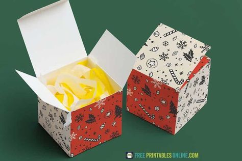 Free square holiday box template Diy Favor Boxes Template Free Printable, Christmas Templates Free Printable Gift Boxes, Small Box Template Free Printable, Diy Gift Box Template Free Printable, Small Gift Box Template, Free Box Svg, Small Box Template, Square Box Template, Christmas Gift Box Template