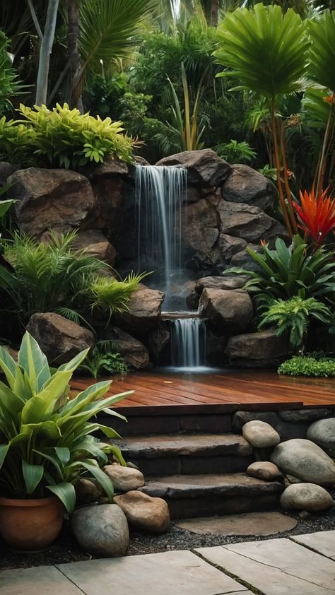 15 Tropical Landscaping Ideas to Craft Your Dreaming Backyard 44 Tropical Backyard Landscaping, Family Backyard, Tropical Backyard, Waterfall Landscape, Modern Ideas, Banana Plants, Tropical Gardens, Tropical Oasis, Zone 9