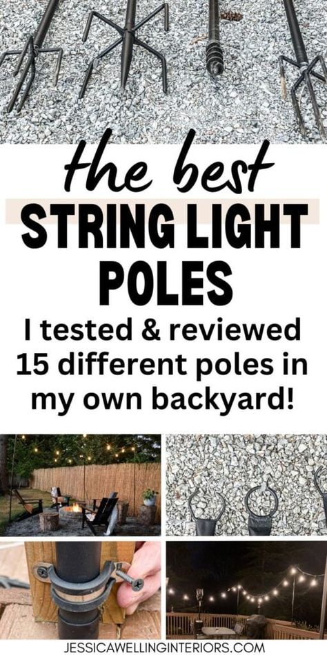 I bought and tested 15 different ready-made string light poles to find the best posts for every location- patios, grass, deck railings, fences, gravel, etc. Outdoor Lights Hanging Ideas, Small Patio Hanging Lights, Yard Pole Lights, Lighting Poles Outdoor, Hanging Lights In Backyard Patio, Garden Lights Poles
Backyard Poles For Lights, Poles For String Lights On Deck, Stringing Outdoor Patio Lights Hanging Lights In Backyard, Deck String Lights, String Light Poles, Backyard String Lights, Diy String Lights, Hanging String Lights, Backyard Garden Landscape, Patio String Lights, Paved Patio