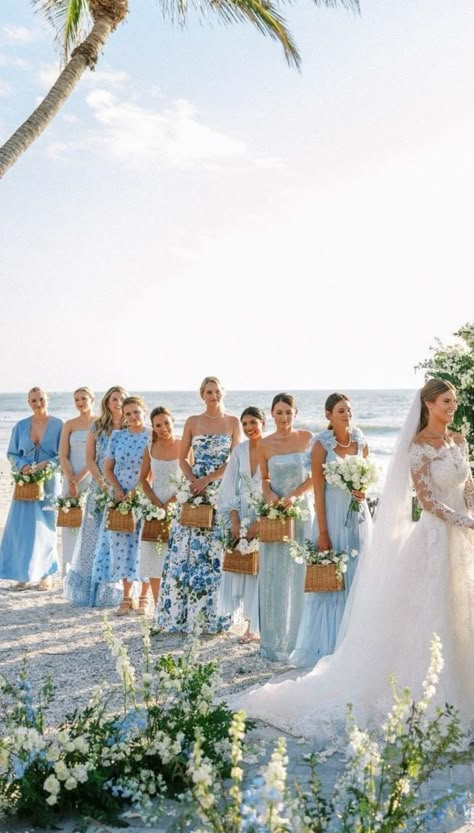 Wedding Beach Bridesmaids, Blue And Tan Beach Wedding, Beach Wedding Light Blue, Beach Wedding Bridal Party Colors, Blue Coastal Wedding Theme, Beach Wedding Bridesmaid Dresses Blue, Beach Wedding Party Attire Color Schemes, Blue Beach Wedding Theme, Coastal Wedding Aesthetic