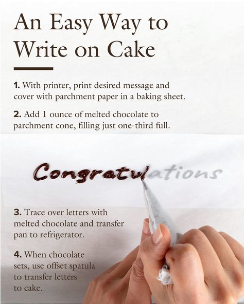 Piping a name or message on a cake is a fun way to personalize a celebratory dessert. And you don’t need any special equipment or special skills—you don’t even need to write directly on the cake. With the following method, you simply pipe melted chocolate through a parchment cone onto more parchment paper and then transfer the message to the cake once the chocolate has set. Write On Cake, How To Make Letters, Writing Practice Sheets, Cake Writing, Cake Name, Creative Birthday Cakes, Cooks Illustrated, Melted Chocolate, Cursive Writing