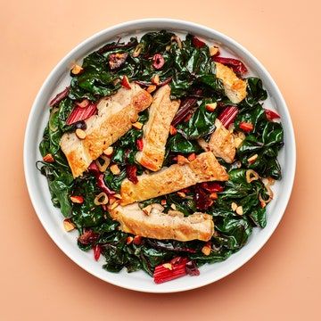 Chicken And Swiss Chard, Cooking Swiss Chard, Swiss Chard Salad, Swiss Chard Recipe, Chard Salad, Warm Chicken Salad, Swiss Chicken, Swiss Chard Recipes, Bacon Pizza