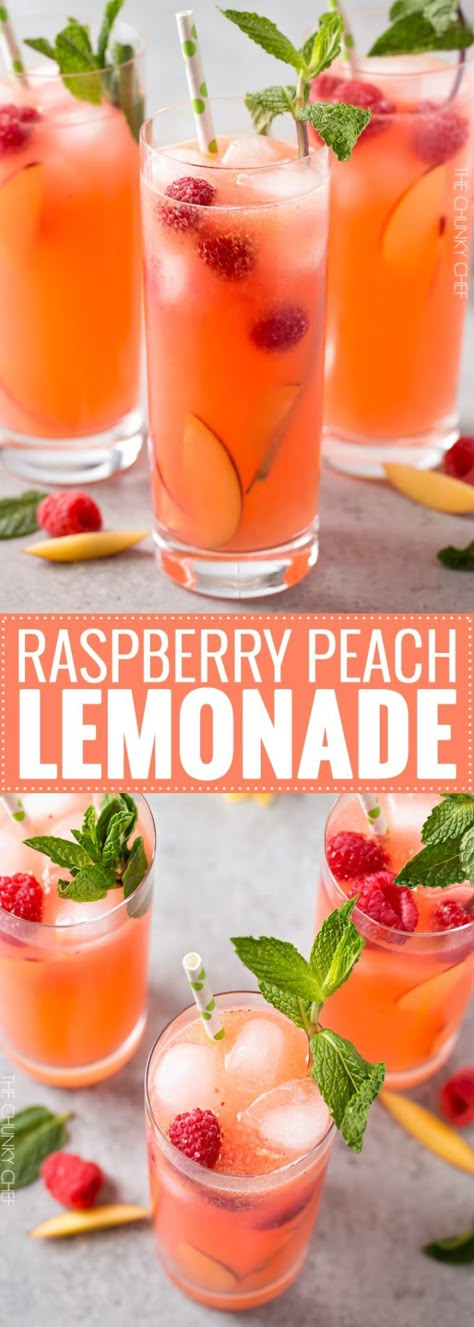 Suurlemoen Stroop, Raspberry Peach Lemonade, Flavored Lemonade, Chunky Chef, Homemade Lemonade Recipes, Peach Raspberry, Resep Smoothie, Peach Lemonade, Drink Recipes Nonalcoholic