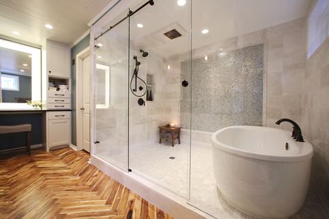 Herringbone Hardwood Floors, French Country Bathroom, Steam Shower, Country Bathroom, Dream Bathrooms, Intelligent Design, Bathroom Remodel Master, Bath Tub, Bath Remodel