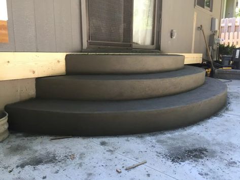 Curved Concrete Steps & Patio - Water Drainage Concrete Retaining Wall Siding & Roofing Omaha Contractor Rounded Cement Steps, Half Moon Front Porch Steps, Wide Concrete Steps, Rounded Concrete Steps, Round Concrete Steps, Concrete Steps Outdoor, Curved Concrete Patio, Concrete Patio Steps, Wall Siding