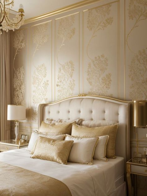 Create an elegant bedroom accent wall using peel-and-stick wallpaper in a luxurious floral design. Pair it with a chic tufted headboard and complement the look with golden wall sconces for a truly luxurious feel. Elegant Accent Wall, White Gold Bedroom, Bedroom Accent Wall, Luxury Bedroom Interior, Wooden Roof, Gold Bed, Golden Wall, Bedroom Accent, Gold Bedroom