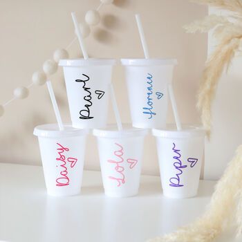 Our Personalised 16oz Single Walled Cold Cup with Straw: Perfect for children's party bags! Customisable and fun for any celebration.Introducing our Personalised 16oz Single Walled Cold Cup with Straw: the perfect addition to children's party bag fillers and beyond. Customisable with their name, it adds a fun, personalized touch to any celebration or outing.The cup is personalised using vinyl.Choose from a variety of font colours including baby pink, hot pink, purple, blue, and black.
Personalisation - We can only accommodate a single name with English alphabet letters A-Z. Cup 16oz approx. This is a small cup, ideal for children. 
Not suitable for children under 3 years of age.