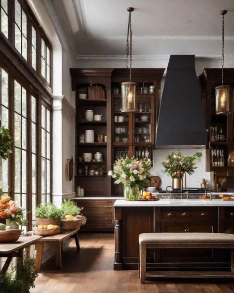 Small Kitchen Ideas Brown Cabinets, Old Money Aesthetic Kitchen, Old Money Kitchen Aesthetic, Kitchen Stained Cabinets, Georgian Kitchens, Grand Kitchen Luxury, Dark Academia Kitchen Aesthetic, Old Money Kitchen, Modern English Kitchen