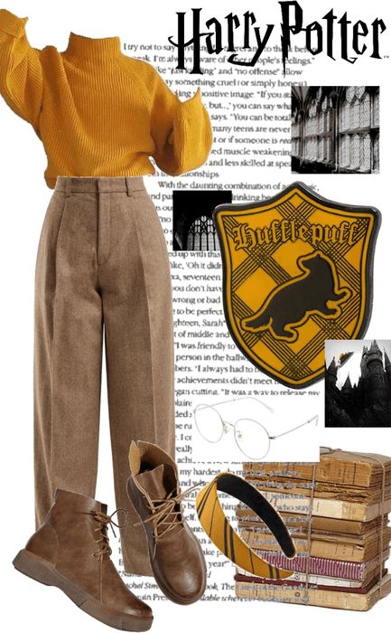 Harry Potter Jumper, Harry Potter Houses Outfits, Hufflepuff Outfit, Hp Outfits, Harry Potter Outfit, Harry Potter Dress, Harry Potter Day, Harry Potter Clothing, Hufflepuff Aesthetic