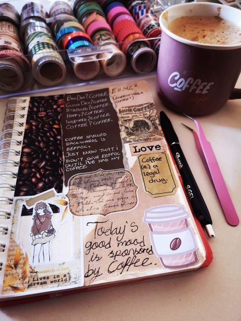 coffee scrapbook bullet journal page Coffee Journal Aesthetic, Coffee Aesthetic Journal, Journal Coffee Aesthetic, Chocolate Journal, Bujo Coffee Theme, Physics Design, Coffee Journal Page, Cafe Journal, Coffee Theme Journal