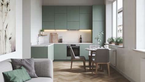 50 Lovely L-Shaped Kitchen Designs & Tips You Can Use From Them Green Cabinets, A Kitchen, Dining Room, Living Room, Green, White