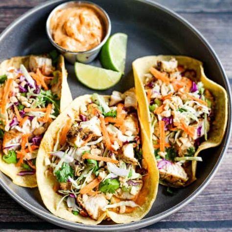 Thai Tacos, Curry Mayo, Korean Tacos, Cilantro Corn, Red Curry Sauce, Chicken Taco Recipes, Chicken Satay, Red Curry Paste, Thai Chicken