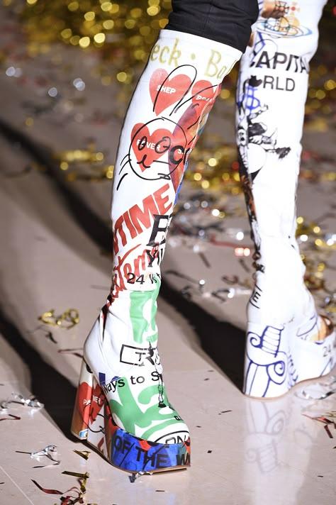 Key Items: Footwear - Wedge Boot, Details 1 - Graffiti Print | Vivienne Westwood F/W 15/16 Vivienne Westwood Graffiti, Vivienne Westwood Print, Graffiti Clothes, Vivienne Westwood Boots, Alt Shoes, Diy Heels, Graffiti Fashion, High Heel Clogs, Hand Painted Shoes