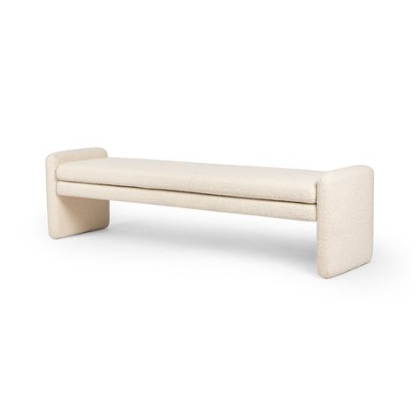 Cream, boucle-like upholstery covers a long, sophisticated dining bench.Product Overview Color: Durham Cream Dimensions: 70"W x 18"D x 19"H Materials: 61% Polyester, 39% Wool, Poplar Plywood, 100% Polyester Weight: 48.5 lb Additional Details Arm Height from Floor: 19" Arm Height from Seat: 2" Arm Width: 3.25" Seat Dept Upholstered Bench Bedroom, Accent Bench, Upholstered Bedroom, Accent Seating, Modern Ottoman, Bench Stool, Bedroom Bench, Ottoman Stool, Modern Bench