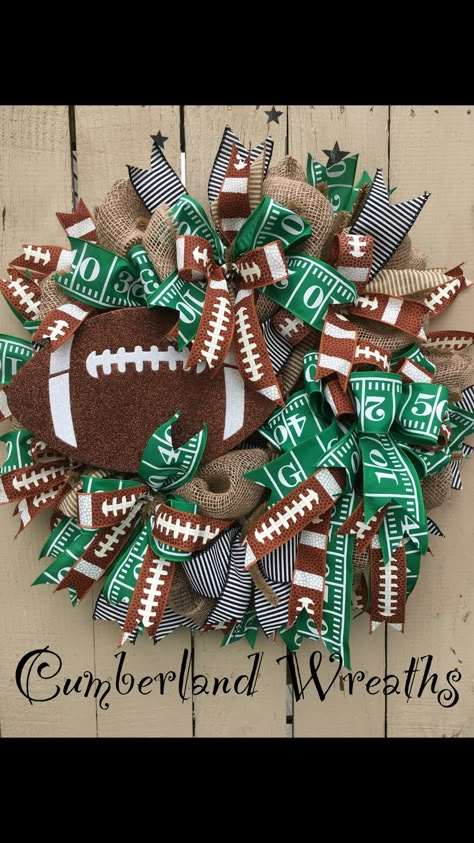 Football Ribbon Wreath, Football Season Wreaths, Diy Mesh Wreaths For Front Door, Football Wreaths For Front Door Diy, Football Themed Wreaths, Sports Wreaths Football, Diy Football Wreaths For Front Door, Diy Football Wreath, Sports Wreaths Diy