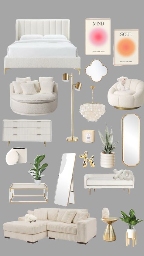 White And Gold Aesthetic Bedroom, Gold Room Inspiration, Modern Cute Bedroom, Room Decor White And Gold, Gold Bedroom Accents, Gold And White Bedroom Decor, White And Gold Room Aesthetic, Small Room Inspiration Bedroom, White And Gold Bedroom Aesthetic