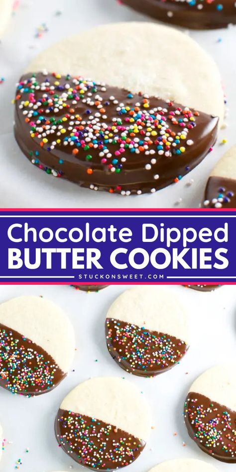 Indulge in the BEST chocolate-dipped butter cookies that are soft, chewy, and perfectly crumbly! These delightful butter cookies dipped in chocolate with sprinkles make easy Christmas cookies everyone will love. Pin this sweetness for more Christmas dessert ideas! Shortbread Chocolate Dipped Cookies, Butter Cookies Dipped In Chocolate, Half Dipped Cookies, Dipping Cookies In Chocolate, Chocolate Dipped Cookies Christmas, Chocolate For Dipping Cookies, Chocolate Dipped Butter Cookies, Chocolate Dip For Cookies, Chocolate Dipped Christmas Cookies