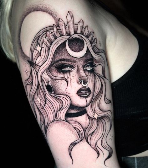 Demon Goddess Tattoo, Goth Goddess Tattoo, Space Goddess Tattoo, Witch Tattoo Arm Sleeve, Gothic Lady Tattoo, Nyx Tattoo Goddesses, Witchy Tattoo Ideas Goddesses, Nyx Goddess Tattoo, Dark Goddess Tattoo