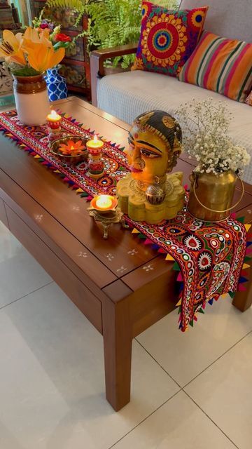 Shikha Babu | Art on Instagram: "May Goddess Durga illuminate your life with countless blessings. HAPPY NAVRATRI  #indianhome #festivevibes #livingroomdecor #homedecorindia #urbandecor #navratrispecial #mirrorwork #colourpop" Grey Lengha, Puja Decor, Durga Pooja, Pooja Decor, Home Decor India, Colorful Room, Colorful Room Decor, Big Rangoli, India Home Decor