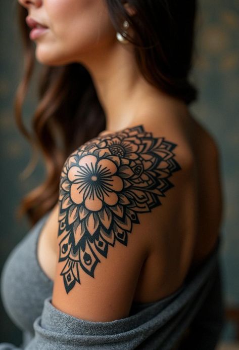 shoulder tattoo for women Women’s Mandala Tattoo, Womans Shoulder Tattoo Ideas, Shoulder Floral Tattoos For Women, Small To Medium Tattoos, Arm Shoulder Tattoos For Women, Upper Half Sleeve Tattoo For Women, Neck And Shoulder Tattoos, Mandala Shoulder Cap Tattoo, Shoulder Tattoos Women