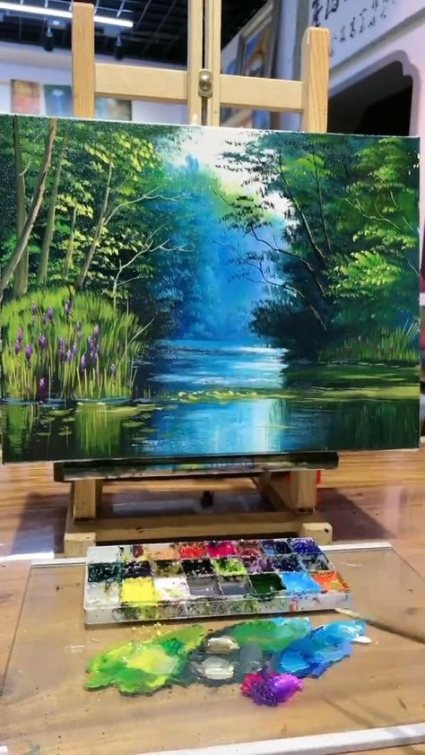 Love this mystery lake! | Landscape art painting, Sky art painting, Painting art projects Interesting Acrylic Painting, Detailed Landscape Painting, Water Fall Painting Acrylic, 24x36 Painting Ideas, Artistic Painting Ideas On Canvas, River Painting Ideas, Land Scape Paintings Acrylics, Amazing Art Painting Unbelievable, Sea Scenery Drawing