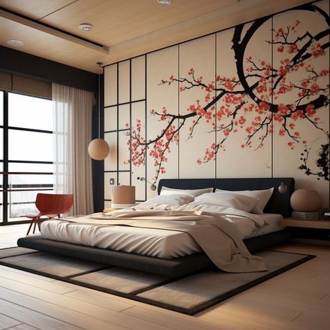 Japanese Themed Bedroom, Decor House Ideas, Bedroom Japanese Style, Romantic Bedroom Decor Ideas, Japanese Bedroom Ideas, Asian Style Bedrooms, Japanese Inspired Bedroom, Japanese Style Interior, Asian Bedroom