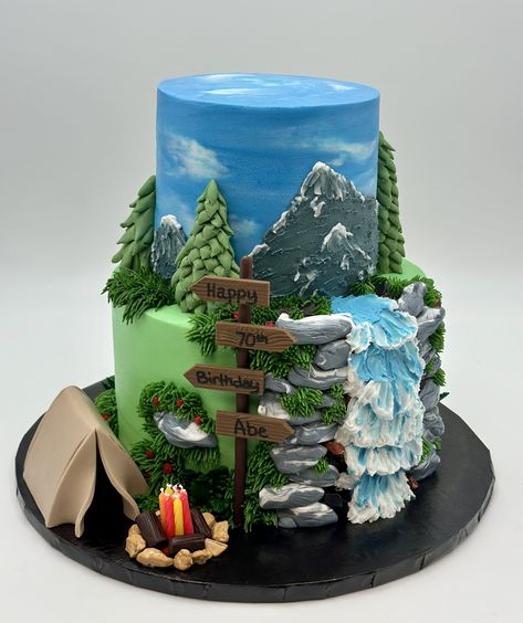 Craft a Sweet Adventure! 🏞️✨ Celebrate your loved one's remarkable journey with a custom cake inspired by their most cherished moments. Whether it's a serene outdoor escape or a thrilling adventure, we'll bring it to life in delicious detail. Let's turn their dreams into edible art! #CustomCakes #SweetAdventure #CelebrateLife #barnettsweetsco Mountain Shaped Cake, Adventure Cake Ideas, Camping Cakes Birthday, Outdoor Birthday Cake, Celebration Of Life Cake, National Park Cake, Camping Birthday Party Cake, Camping Cake Ideas, Camping Theme Cakes