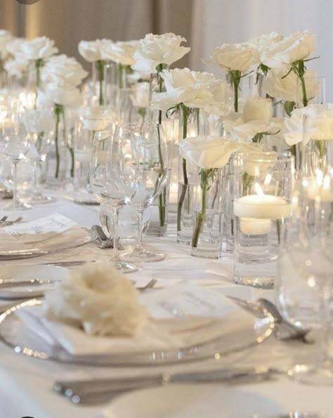 Civil Wedding Table Decor, 2023 Wedding Table Decor, Modern Wedding Decor Table Decorations, All White Table Setting Wedding, All White Reception Decor, Wedding Table Flowers And Candles, Civil Wedding Dinner, Long Table Setting Wedding, Reception Dinner Table Set Up