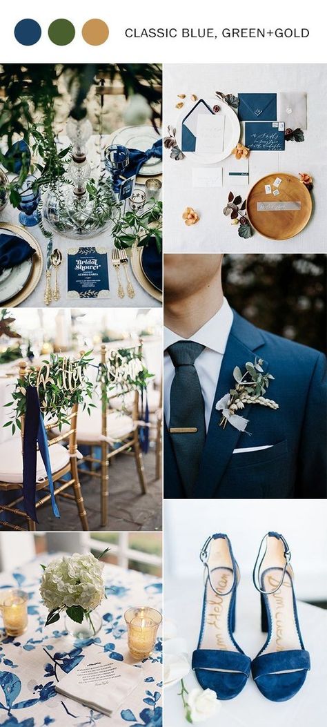 Blue And Green Wedding, Classic Blue Wedding, Wedding Theme Color Schemes, Blue Green Wedding, Dark Blue Wedding, Wedding Color Palettes, Best Wedding Colors, Wedding Color Ideas, Gold Wedding Colors