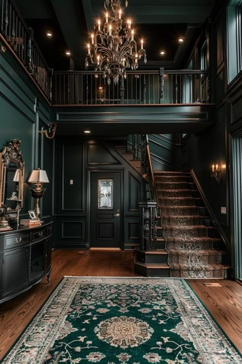 Dark Georgian Interiors, Historic Houses Interior, Manor Home Interior, Modern Manor House Interior, Dark Manor Aesthetic, Moody Entryway Ideas, Moody Foyer, Old House Interior Design, Historical Homes Interior