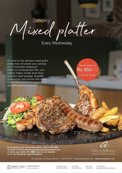 The Address Boutique Hotel - Smoky mixed grill platter every Wednesday. Tel: 405 3007 | Adverts - Latest Mixed Grill Platter, Mix Platter, Grill Platter, Grilled Platter, Beef Filet, Mixed Grill, Crispy French Fries, Beef Sausage, 30 November