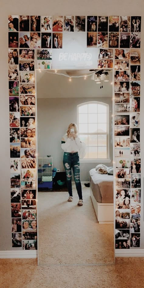 Mirror With Pictures Around It Bedroom, Pictures Around A Mirror, Creative Way To Display Photos, Simply Room Decor Ideas, Photo Wall Around Mirror, Mirror Wall With Pictures, Photo Wall Mirror, College Apartment Photo Wall, Picture Wall Ideas With Mirror