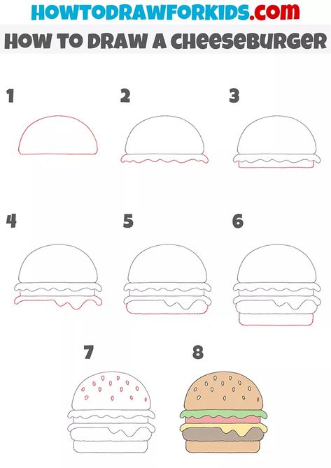 How to Draw a Cheeseburger - Easy Drawing Tutorial For Kids Burger Drawing Easy, Hamburger Drawing Easy, Cheeseburger Drawing, Cheese Burger Drawing, Burger Doodle Art, Burger Drawing Realistic, Hamburger Drawing, Doodle Art For Beginners, Food Artwork