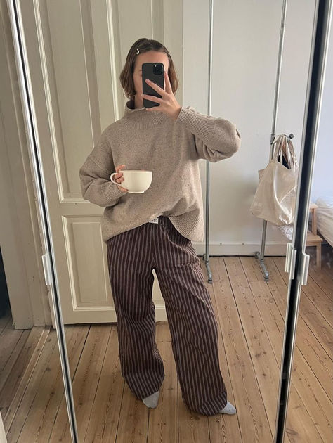 Paris1 Pants in everyone’s fave, Chocolate Brown 🍫🐻 Brown Trousers Outfit Winter, Brown Striped Pants Outfit, Brown Pinstripe Pants Outfit, Trousers Outfit Winter, Brown Trousers Outfit, Pinstripe Pants Outfit, Striped Pants Outfit, Stripe Pants Outfit, Cozy Christmas Outfit